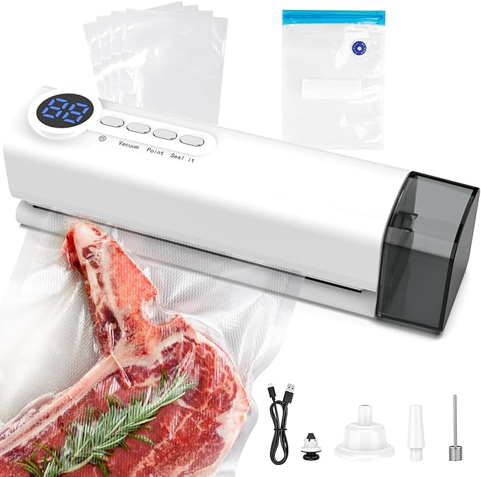 Small Magnetic Vacuum Sealer for Food, 62 Kpa Strong Suction, 3-in-1 Cordless Rechargeable Food Sealer with 1 Vacuum Bag & 4 Snack Bags, Heat Sealer, Inflation Pump for Balls/Swim Ring - White