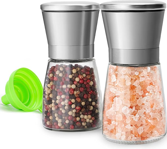 Stainless Steel Salt and Pepper Grinder Set of 2 - Pepper Mill & Salt Mill with Adjustable Coarseness - Glass Spice Shakers - Easy Clean Ceramic Grinders W/Funnel (2.6"W x 5.3"H)