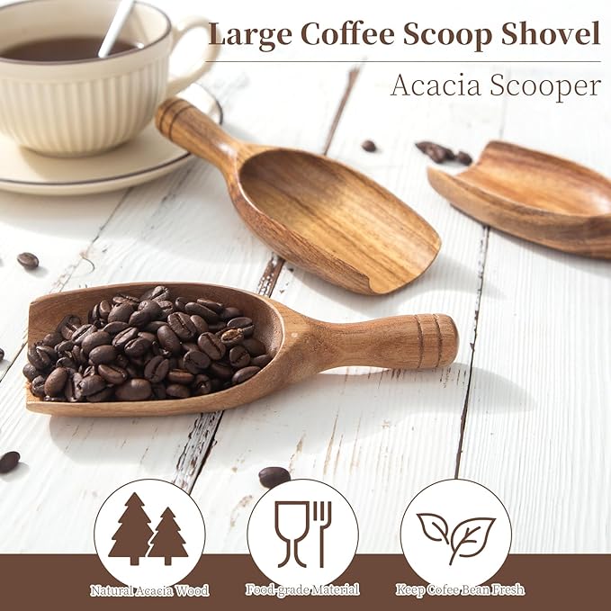 Big Wooden Coffee Scoop, 2pcs Large Coffee Scoops for Ground Coffee Beans, Acacia Wood Shovel Spoons Multipurpose for Jars Canisters,Kitchen Scooping Tool Salts Spice Pepper Powder Tea Shovels