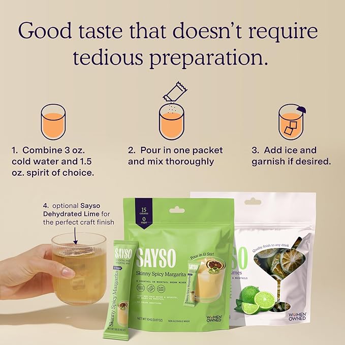SAYSO Skinny Spicy Margarita Cocktail Sticks | Craft Cocktail or Mocktail in 1 Min, Just Add Water + Spirits (0g Sugar, 15 Calories, Vegan, Gluten-Free, Kosher, Non-GMO), 8 Single-Serve Mixers
