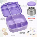 Bento Lunch Box with Thermo, 4-Compartment Bento Box with Adjustable Dividers, Leakproof Dinosaur Lunch Box with 14.2OZ Insulated Food Jar & Sauce Jar, for School Office Travel (Purple)