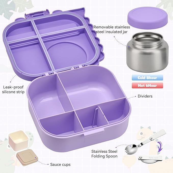 Bento Lunch Box with Thermo, 4-Compartment Bento Box with Adjustable Dividers, Leakproof Dinosaur Lunch Box with 14.2OZ Insulated Food Jar & Sauce Jar, for School Office Travel (Purple)
