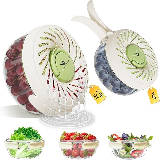 2 Pcs Fruit Cleaner Bowl with Strainer and Lid, Collapsible Handle Washing Bowl, Multifunctional strainer bowl for Kitchen Draining and Storage, Wash Berry, Vegetables for Kitchen, Fridge, Picnic