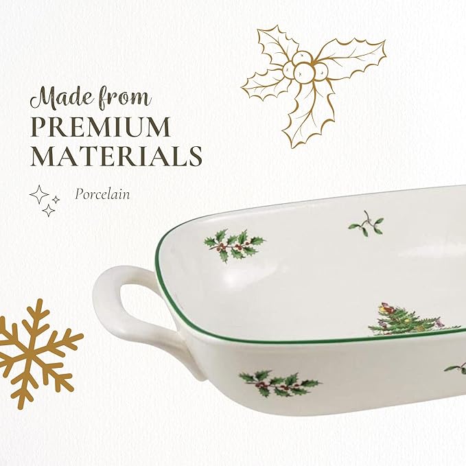 Spode Christmas Tree Oval Breadbasket, 12 Inch Handled Bowl for Fruit, Bread, Cookies - Porcelain Gift, Holiday Serveware & Oven to Table Dish, Dishwasher Safe Tableware