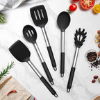 TeamFar Cooking Utensils Set, 5 PCS Silicone Kitchen Utensils with Stainless Steel Handle, for Nonstick Cookware Flipping Frying Turning Draining, Heatproof & Healthy, Nonstick & Easy Clean, Black
