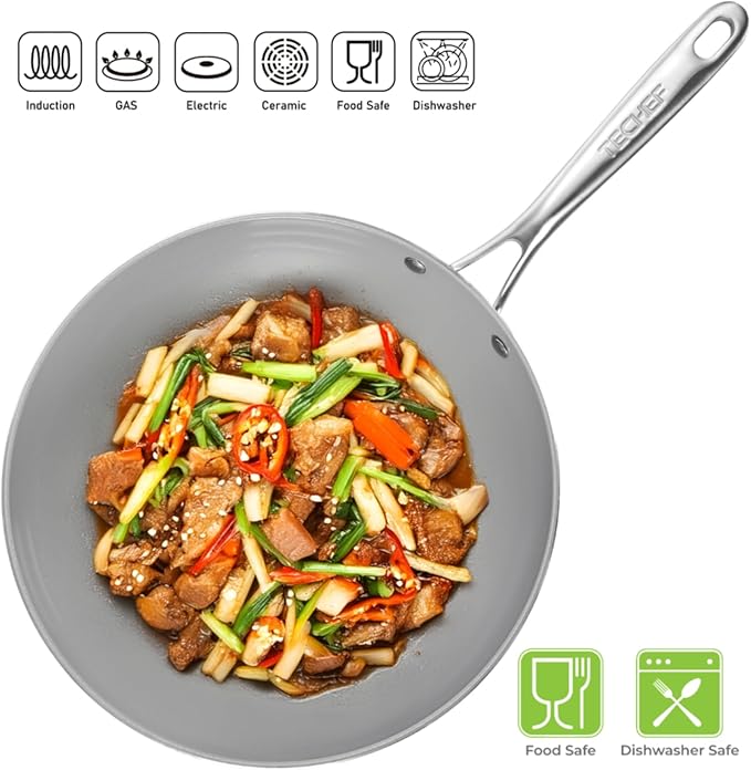 TECHEF - CeraTerra 12" Ceramic Nonstick Wok/Stir-Fry Pan with Glass Lid, (PTFE and PFOA Free Ceramic Exterior & Interior), Made in Korea (12-in with lid)