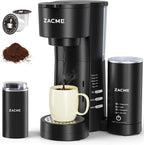 ZACME 4IN1 Single Serve Coffee Maker with Milk Frother & Grinder, Small Coffee Machine for K Cup & Ground, 28oz Water Tank, 6 to 14 oz Brew Sizes, Self-cleaning Function, Adjustable Drip Tray