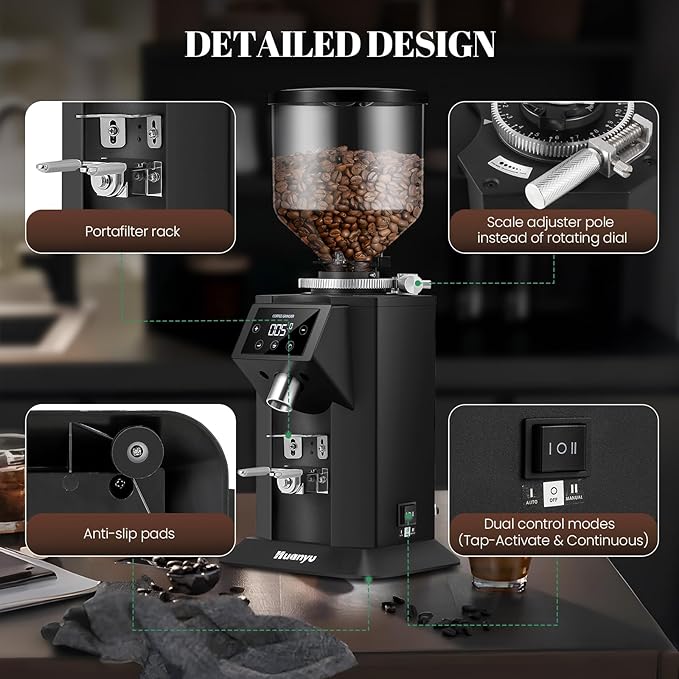 Huanyu Commercial Coffee Grinder with 74mm Flat Burr Reinforced 53oz Bean Hopper (40% Thicker), 15 Stepless Grinds, Touch Screen Black