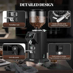 Huanyu Commercial Coffee Grinder with 74mm Flat Burr Reinforced 53oz Bean Hopper (40% Thicker), 15 Stepless Grinds, Touch Screen Black