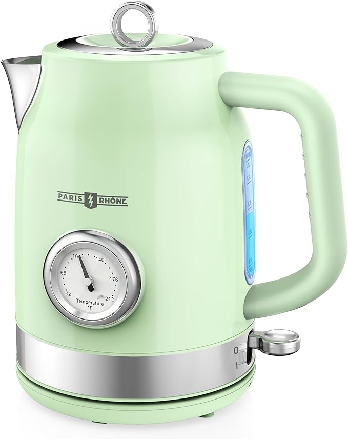 Retro Electric Kettle, PARIS RHÔNE 1.7L Hot Tea Kettle with Thermometer, 1500W Fast Heating, Cordless Design, LED Indicator, Auto Shut-Off & Boil Dry Protection