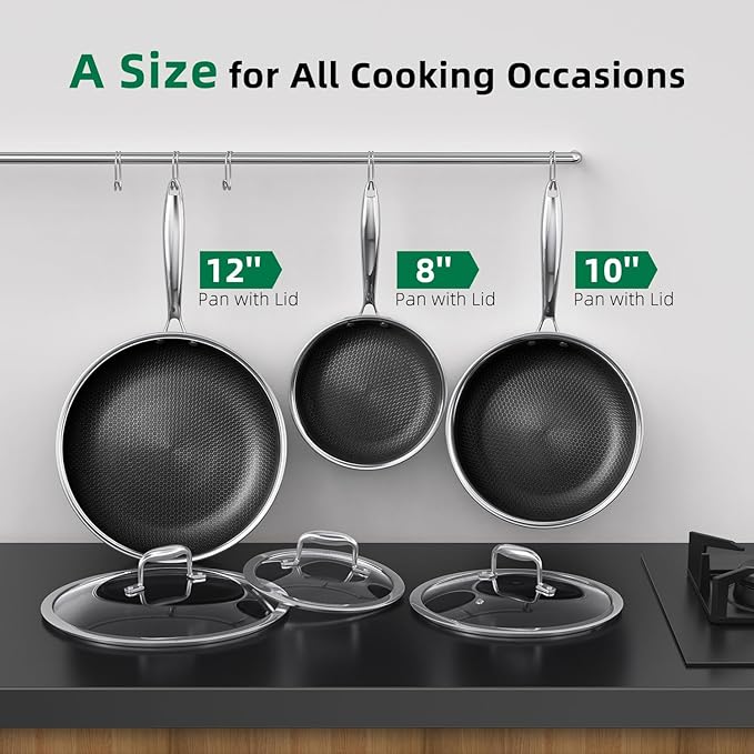 MOMOSTAR Hybrid Nonstick 6-Piece Frying Pan Set, 8, 10 and 12-Inch Cookware Sets with Tempered Glass Lids, Dishwasher & Oven Safe, Induction Ready, Compatible with All Cooktops