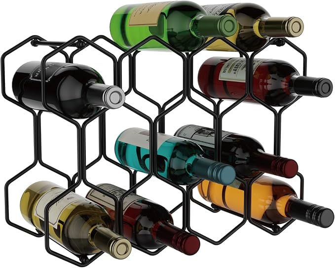 Buruis Countertop Wine Rack, 14-Bottle Modern Freestanding Metal Holder for Red and White Wine, Tabletop, Kitchen, Bar, and Cabinet Storage (Black)