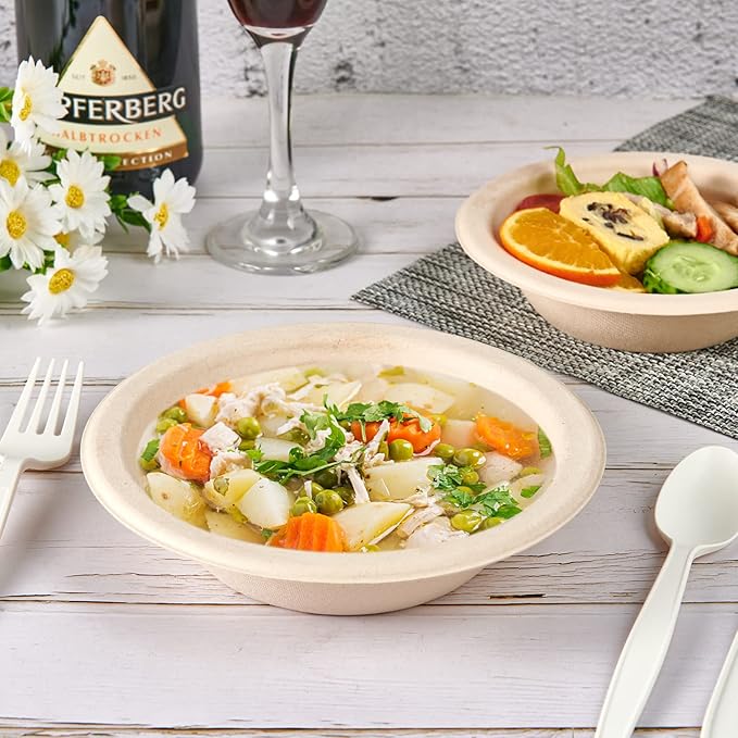 ECOLipak 150 Pack Compostable Disposable Paper Bowls, 16 OZ Bagasse Heavy duty Biodegradable Eco Friendly Sugarcane Soup Bowls for Salad Dessert(Nature)