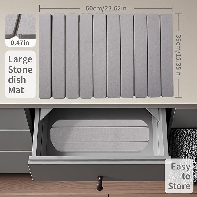 Coolcandy 24x16" Large Stone Dish Drying Mat, Quick Drying Mat Kitchen Counter, Foldable Kitchen Drying Mat, Diatomaceous Earth Stone Drying Mat, Collapsible Dish Mat Kitchen Mat For Drying