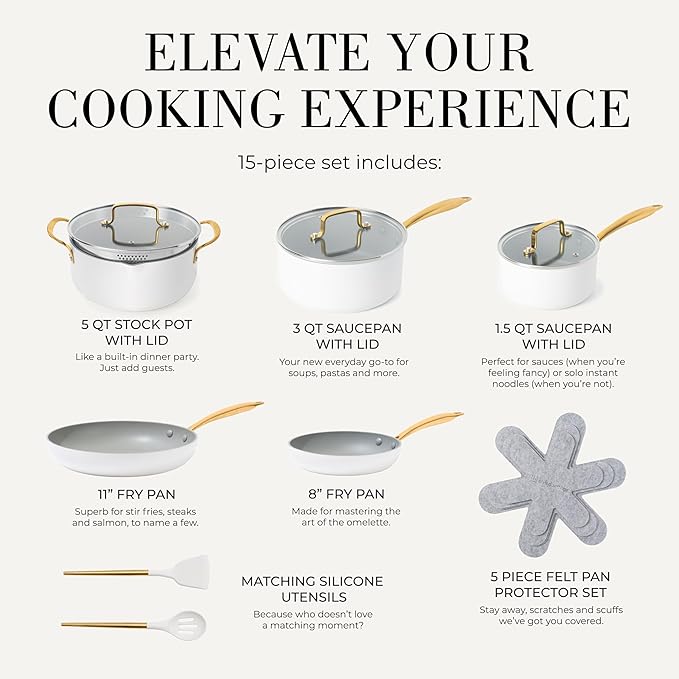 White and Gold Pots and Pans 15 PC Set - Premium Heavy Gauge Nonstick, Non Toxic, PFOA Free, Oven and Dishwasher Safe, Induction Compatible Cookware Set - Gold Kitchen Accessories