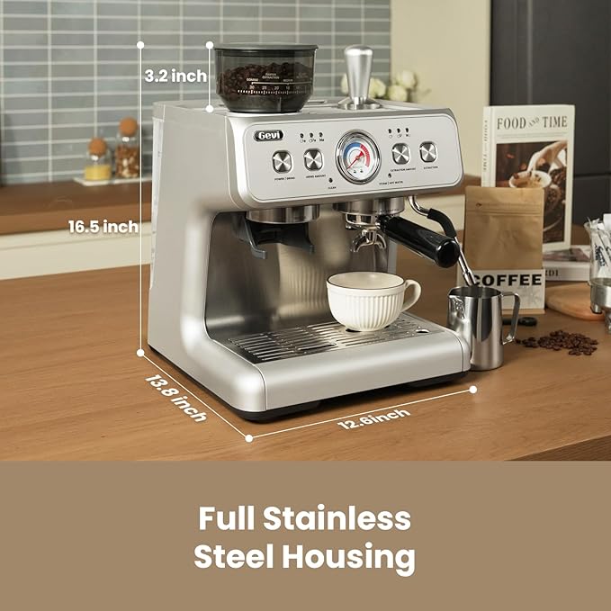 Gevi Dual Boiler Espresso Machine with Built-in Grinder, 58mm Professional Portafilter, Barista Steam Wand, 31 Grind Settings, Commercial Grade Stainless Steel Housing for Home Café, Sterling Silver