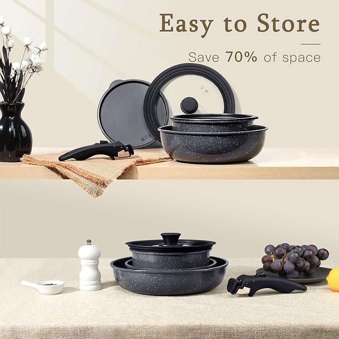 GiPP Ceramic Pots and Pans Set Non Stick, Nonstick Detachable Handle Cookware Sets, Healthy Non Toxic PFAS PFOA & PTFE Free, Dishwasher ＆Oven Safe, Induction Kitchen Pot and Pan, 15 Piece Grey