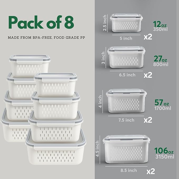 8 Set Fruit Storage Containers for Fridge with Colanders Dishwasher Safe, Leakproof Fruit and Vegetable Storage BPA-Free Plastic, Produce Storage Keep Berry Fruit Veggie Meat Fresh