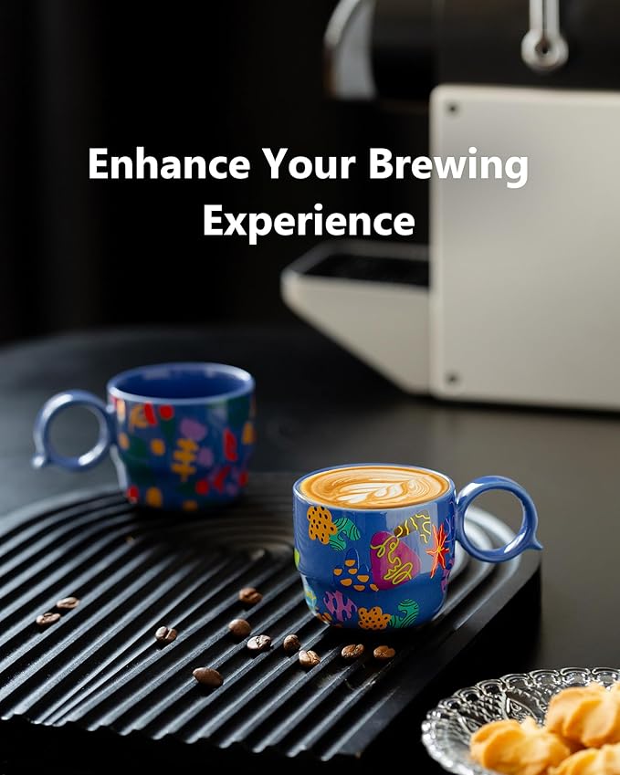 Ceramic Espresso Cups Set of 2 – Mini 3 oz Double Espresso Coffee Cups with Cute Q Handle, Floral and fruit Patterns, Small Blue Demitasse Shot Cups for Coffee Machine