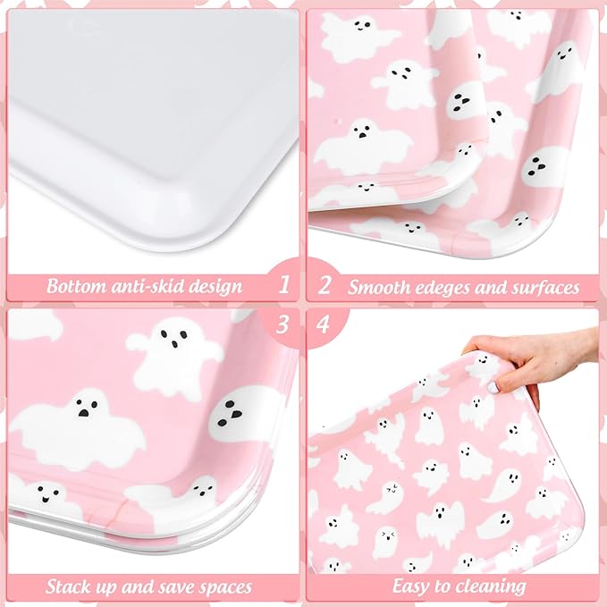 3Pcs Halloween Serving Trays Pink Ghost Platter Cute Ghost Reusable Serving Dishes for Birthday Baby Shower Party Sharing Snacks Fruit Dessert, 13 x 10 Inch