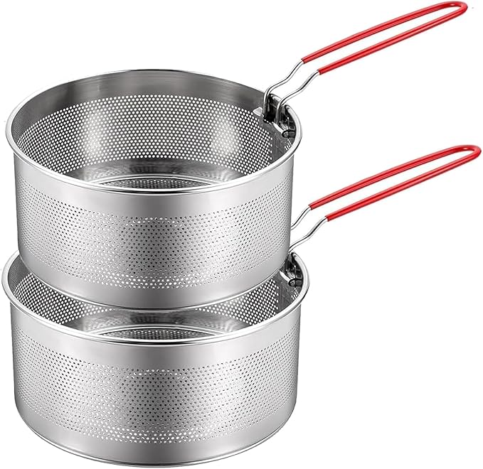 Pasta Strainer Set of 2, Stainless Steel Noodle strainer with Removable Handle Metal Pasta Strainer Basket Deep Fryer Basket, Kitchen Colander for Washing Draining Deep-frying Boiling Steaming