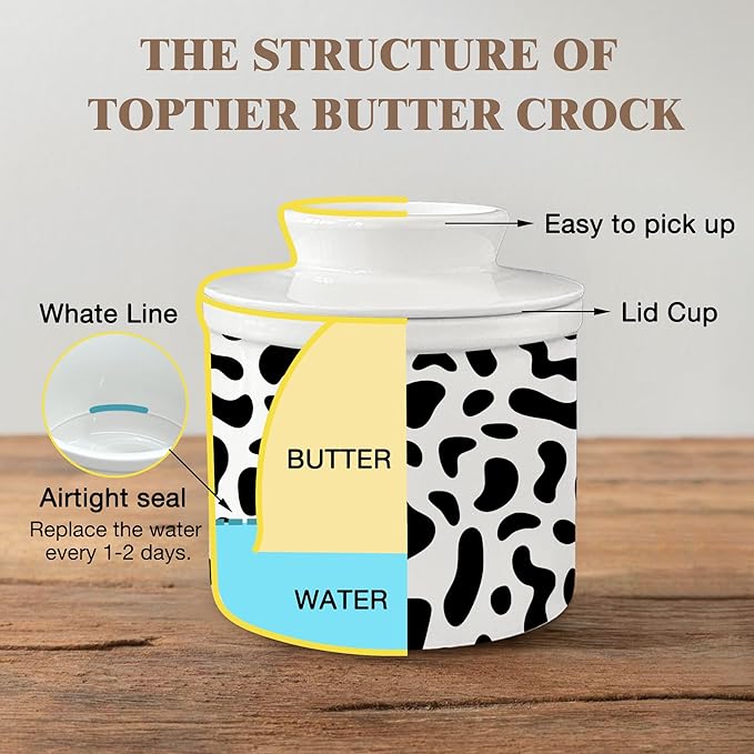 HIWX Cow Print Gifts Butter Crock with Lid for Countertop, Cowhide Ceramic French Butter Crock Keeper Dish for Counter with Water, Cow Lovers Gifts for Women