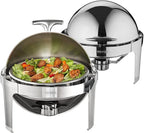 VEVOR Roll Top Chafing Dish Buffet Set, 6 Qt 2 Pack, Stainless Steel Chafer with 2 Full Size Pans, Round Catering Warmer Server with Lid Water Pan Stand Fuel Holder, for at Least 5 People Each