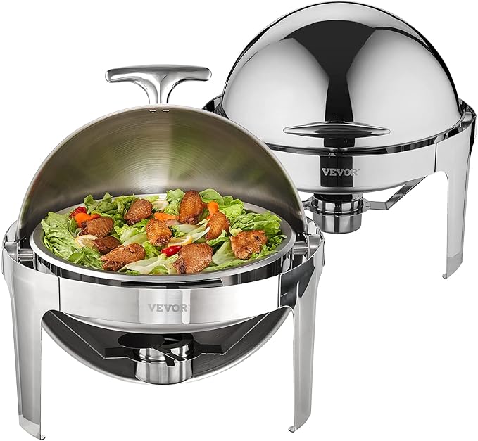 VEVOR Roll Top Chafing Dish Buffet Set, 6 Qt 2 Pack, Stainless Steel Chafer with 2 Full Size Pans, Round Catering Warmer Server with Lid Water Pan Stand Fuel Holder, for at Least 5 People Each