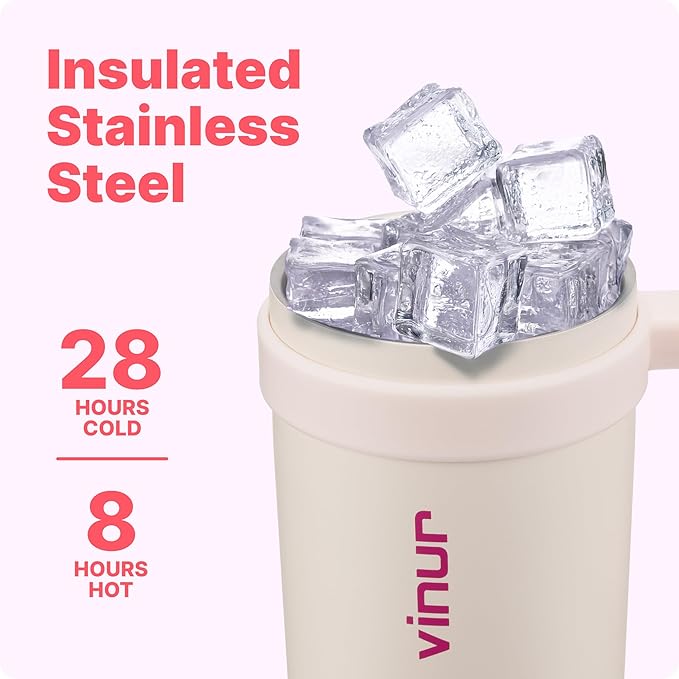 VINUR 40 oz Insulated Tumbler with Handle|Leak-Proof Lid|18/8 Stainless Steel Vacuum Coffee Mug Cup for Travel with Rubber Base | Cup Holder Friendly| Gifts for Women, Cream