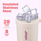 VINUR 40 oz Insulated Tumbler with Handle|Leak-Proof Lid|18/8 Stainless Steel Vacuum Coffee Mug Cup for Travel with Rubber Base | Cup Holder Friendly| Gifts for Women, Cream