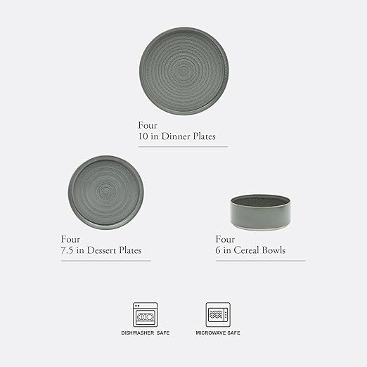 Gibson Elite Echo Bay 12 Piece Porcelain Reactive Glaze (Service for 4) Ceramic Plates and Bowls Modern Stackable Dinnerware Set - Blue