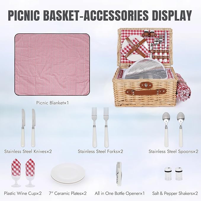 HappyPicnic Picnic Basket Set for 2 - Wicker Picnic Basket with Waterproof Blanket & Insulated Liner, Large Handmade Willow Hamper with Cutlery Kit for Outdoor, Picnic, Camping, Party, Holidays (Red)