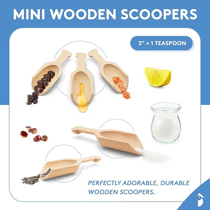 Small Wooden Teaspoon Scoops for Food Canisters & Jars, Teaspoon Measuring Spoons, Mini Wood Coffee scoop for Ground Coffee Bath Salts Manuka Honey & Laundry Powder, Pack of 10 Scoopers by Woodpeckers