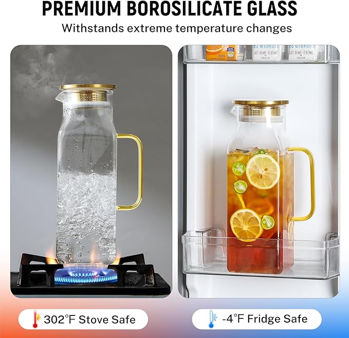2 Pack 2 Liters/68 oz Square Glass Pitcher with Lid and Handle for Fridge, Iced Tea and Coffee Carafe Beverage Serveware, Heat Resistant Borosilicate Water Gold Jug for Hot/Cold Drinks and Milk
