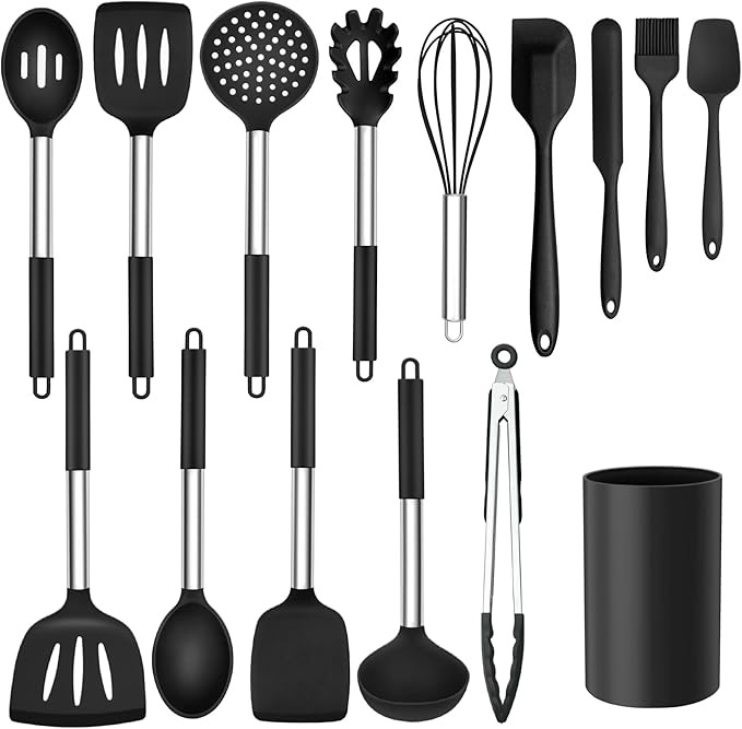 Kitchen Utensils Set, 15 Pcs Silicone Cooking Utensils Set with Holder and Heat Resistant Stainless Steel Handle for Nonstick Cookware - Black