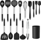 Kitchen Utensils Set, 15 Pcs Silicone Cooking Utensils Set with Holder and Heat Resistant Stainless Steel Handle for Nonstick Cookware - Black