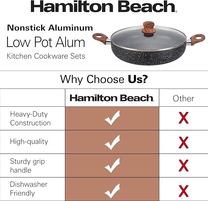 Hamilton Beach 4.5 Quart Nonstick Marble Coating Even Heating Round Beach Low Oven Pot with Glass Lid and Wooden Like Soft Touch Handle, Dutch Oven Pot, Braising, Roasting