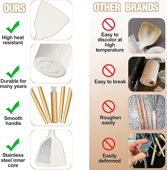 Umite Chef Silicone Kitchen Utensil Set, 34PCS Heat Resistant Kitchen Gadgets and Tools With Grater, Cream White Wood Handles for Nonstick Cookware