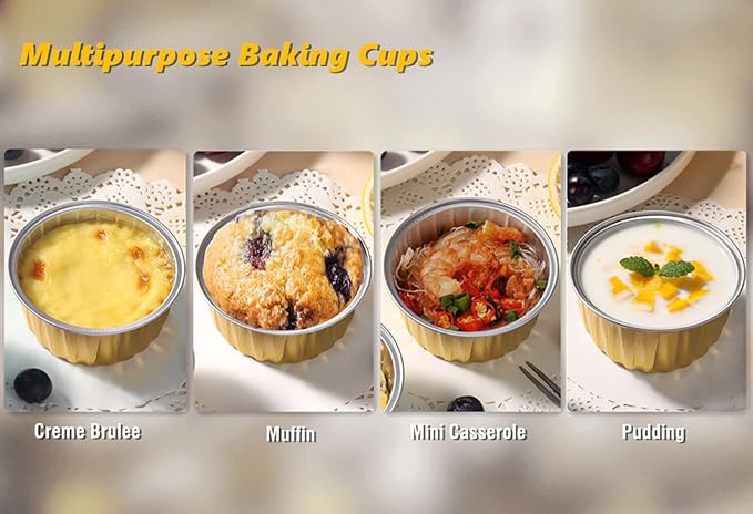 Disposable Muffin Pans with Lids, 5 oz Mini Cake Pans for Cupcake, Multi-purpose Aluminum Foil Baking Cup, Premium Dessert Cups, Creme Brulee Ramekins Oven Safe, 60 Pack