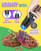 Rongyuxuan Upgraded Rechargeable Gravity Electric Salt and Pepper Grinder Set with LED lights,Stainless Steel Automatic Pepper or Salt Grinder Mill Shaker Refillable with Adjustable Coarseness,Black