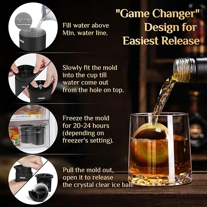 Clear Ice Cube Maker, 2.5" Stainless Steel Ice Ball Maker Mold for Whiskey & Cocktails, Non-BPA Premium Silicone Ice Cube Molds, Easy-Release Sphere Ice Maker, Bourbon Gifts for Men (2 PACK)