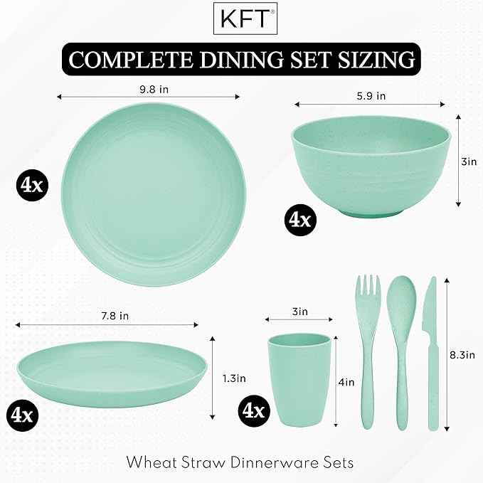 Wheat Straw Dinnerware Sets for 4 - KFT Lightweight & Unbreakable Dishes Microwave & Dishwasher Safe Perfect for Camping, Picnic, RV, Dorm Plates, Cups and Bowls (Green, 24pc)