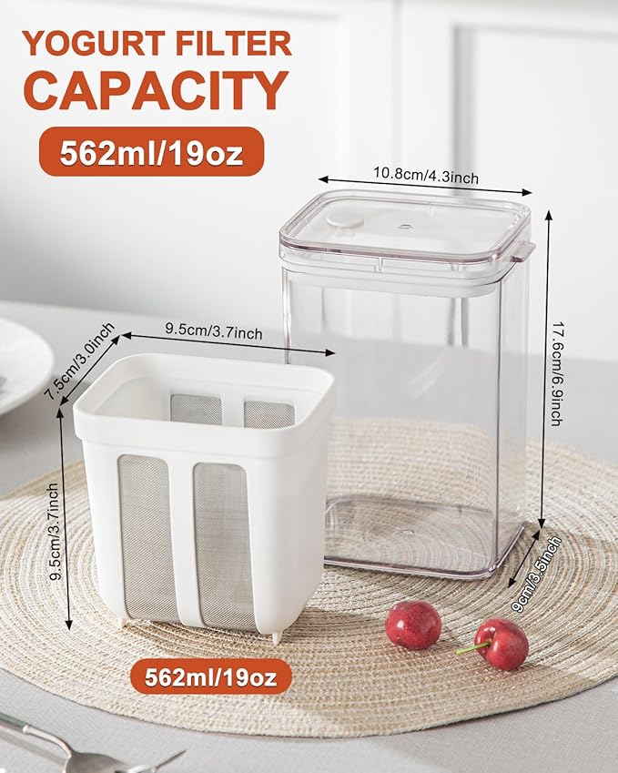 Yogurt Strainer, 19oz/562ml Thick Greek Yogurt Milk Filter, Food Strainer, Greek Yogurt Strainer with Stainless Steel Fine Mesh Bag and Lid for Yogurt, Soybean Milk, Kefir, Berries, Fruit Juice(1Pack)