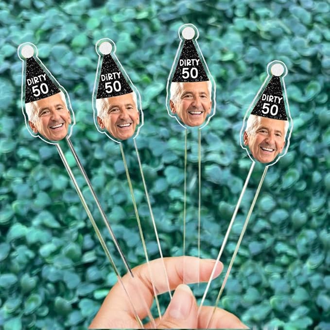 Personalized 50 Pcs Drink Stirrers With Photo Face, Custom Birthday Stir Sticks, 30th - 50th Birthday Party Decorations, 70th 80th 90th Birthday Decor, Pet Birthday Hat Cocktail Sticks DS4