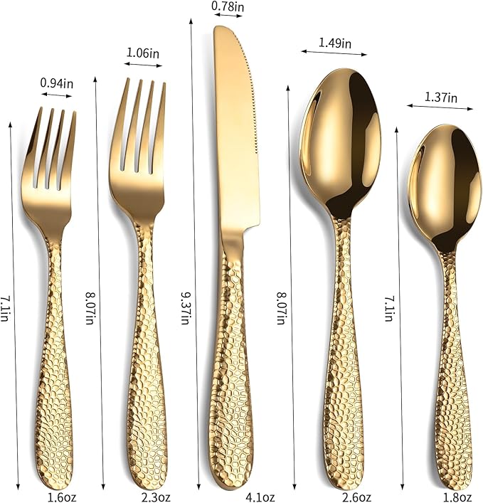 Gold Hammered Silverware Set, 20-Piece Heavy Duty Stainless Steel Flatware Sets for 4, Food-Grade Cutlery Set for Home Restaurant, Mirror Polished, Dishwasher Safe