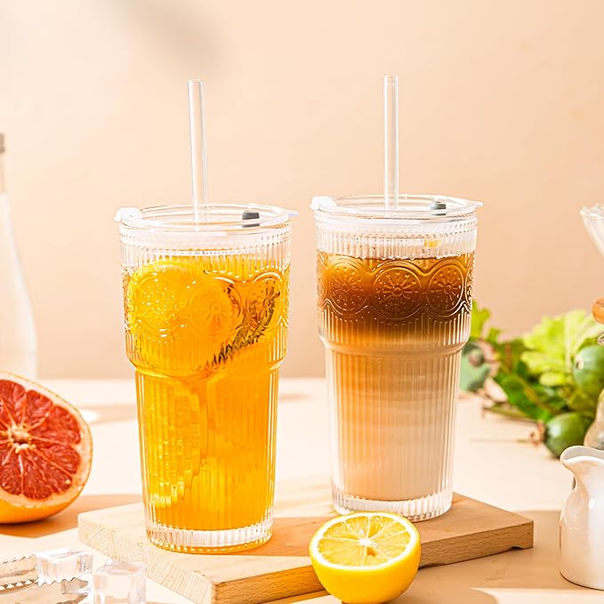 20oz Ribbed & Floral Glass Tumbler Set of 4 – Reusable Glass Cups with Lid and Glass Straw, To-Go Iced Coffee Cups for Water, Smoothie, Milk, Cocktail & More – Perfect for Daily Use & Travel