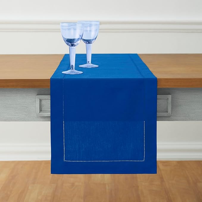 Solino Home Blue Hemstitch Table Runner 36 Inches - Cotton Linen Small Table Runner 14 x 36 Inch Ideal for Dresser and Coffee Tables - Summer