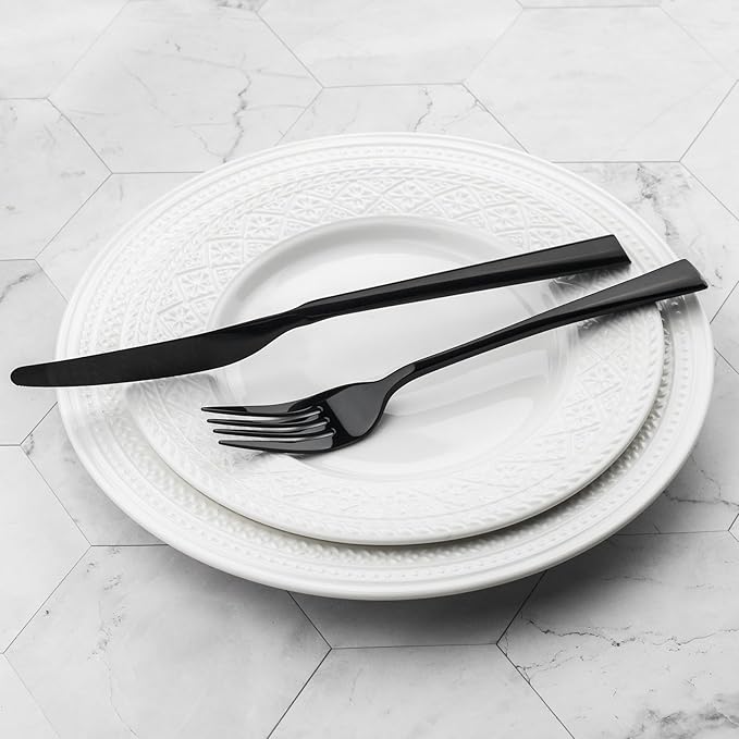 Alata Bailey Black 20-Piece Forged Stainless Steel Flatware Set Cutlery Set, Service for 4, Silver Finish, Dishwasher Safe