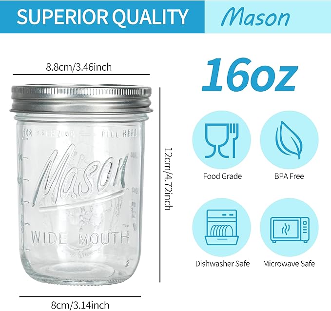 Wide Mouth Mason Jars 16 oz with Lids [8 Pack], Mason Jars with Lids, Canning Jars with Leak Proof, 16 oz Glass Jars for Fermenting, Meal Prep, Freezing, Preserving