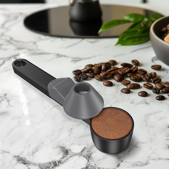 Coffee Scoop & Funnel for Reusable K Cup Refillable Coffee Pods, Coffee Measuring Spoon 2 Tablespoon Capacity, Scoop with Funnel for Ground Coffee, Protein Powder, Tea (Black&gray, 1 Pack)